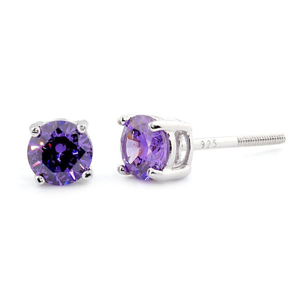 5mm Brilliant Cut Amethyst Ice CZ Screw Back Earrings Sterling