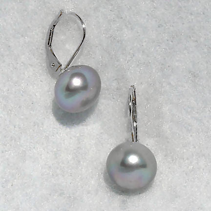 10mm Cultured Gray Pearl Cup Leverback Earrings 14K White Gold - 1000Jewels.com