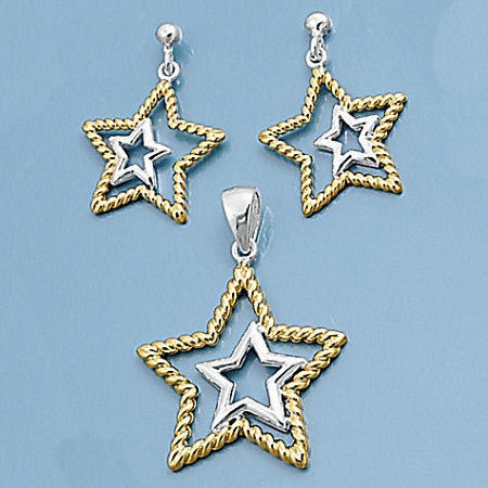 Helena: Two Tone Dangling Star Matching Pendant & Earrings Set - 1000Jewels.com