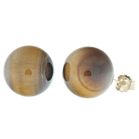 Natural Brown Tigers Eye Ball Stud Earrings 14K Yellow Gold - 1000Jewels.com