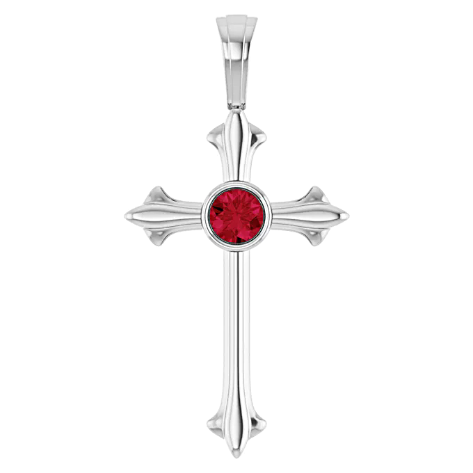 925 Sterling Silver 3mm Simulated Ruby Cross Pendant July Birthstone - 1000Jewels.com
