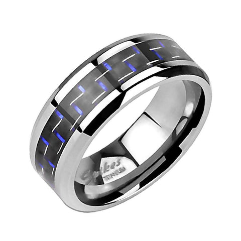 Pluto: 8mm Titanium Black and Blue Carbon Fiber Inlay Wedding Band - 1000Jewels.com