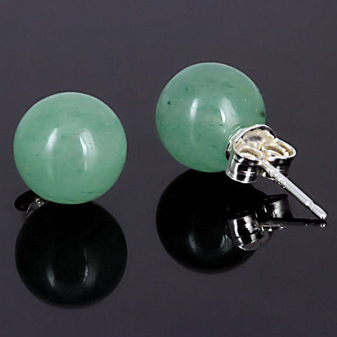 Green Jade Aventurine 10mm Ball Stud Post Earrings 14K White Gold - 1000Jewels.com