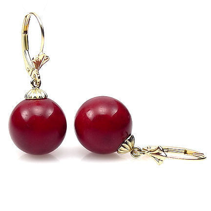 Natural Italian Red Coral Ball Drop Leverback Earrings 14K Yellow Gold - 1000Jewels.com
