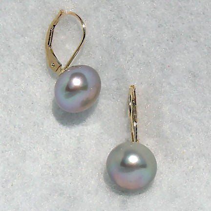 10mm Cultured Gray Pearl Cup Leverback Earrings 14K Gold - 1000Jewels.com