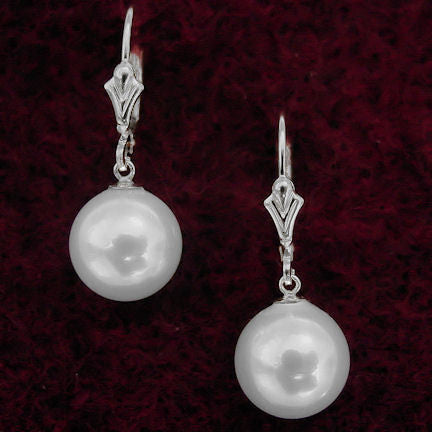 12mm South Sea Shell Pearl Leverback Earrings 14K White Gold - 1000Jewels.com