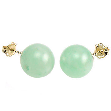 Green Jade Aventurine 12mm Ball Stud Post Earrings 14K Yellow Gold - 1000Jewels.com