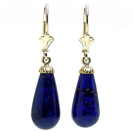 Natural Lapis Lazuli Teardrop Leverback Earrings 14K Yellow Gold - 1000Jewels.com