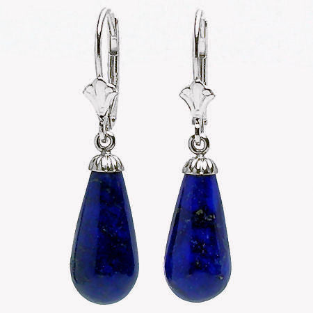 16mm Lapis Lazuli Teardrop Leverback Earrings 14K White Gold - 1000Jewels.com