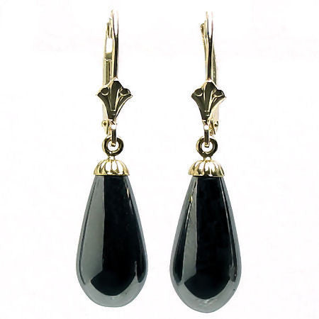 16mm Black Onyx Teardrop Leverback Earrings 14K Yellow Gold - 1000Jewels.com