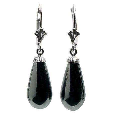 16mm Black Onyx Teardrop Leverback Earrings 14K White Gold - 1000Jewels.com