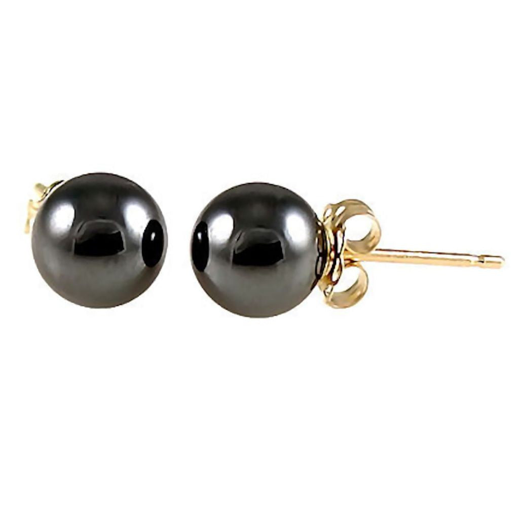 6mm Black Hematine Ball Stud Earrings 14K Yellow Gold - 1000Jewels.com