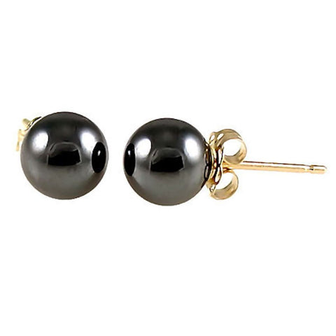 6mm Black Hematine Ball Stud Earrings 14K Yellow Gold - 1000Jewels.com