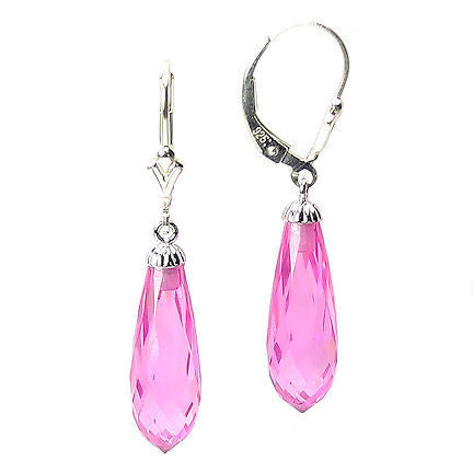 12.6ct, 20mm Pink Sapphire Briolette Leverback Earrings 925 Silver - 1000Jewels.com