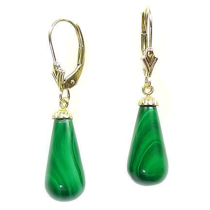 16mm Natural Malachite Teardrop Leverback Earrings 14-20 Gold Filled - 1000Jewels.com