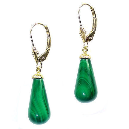 16mm Natural Malachite Teardrop Leverback Earrings 14K Yellow Gold - 1000Jewels.com