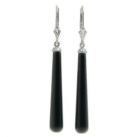35mm Sleek Black Onyx Teardrop Leverback Earrings 925 Silver - 1000Jewels.com