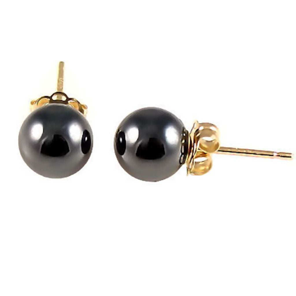 6mm Black Hematine Ball Stud Earrings 14K Yellow Gold - 1000Jewels.com