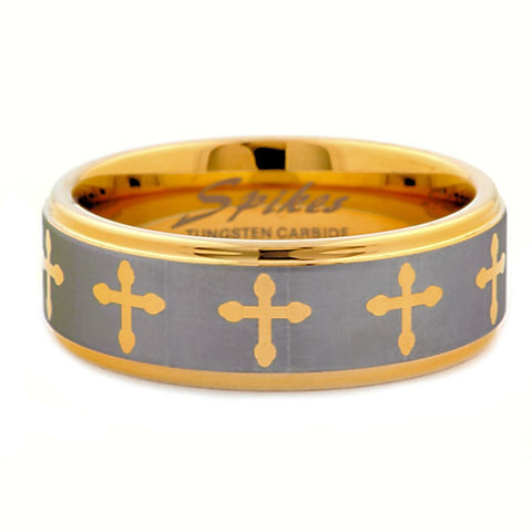 Saints Cross: Mens Gold IP Tungsten Carbide Comfort Fit Band Ring - 1000Jewels.com