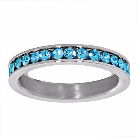 Rufina: 0.78ct Aquamarine Ice CZ 316 Steel 3mm Eternity Band Ring - 1000Jewels.com
