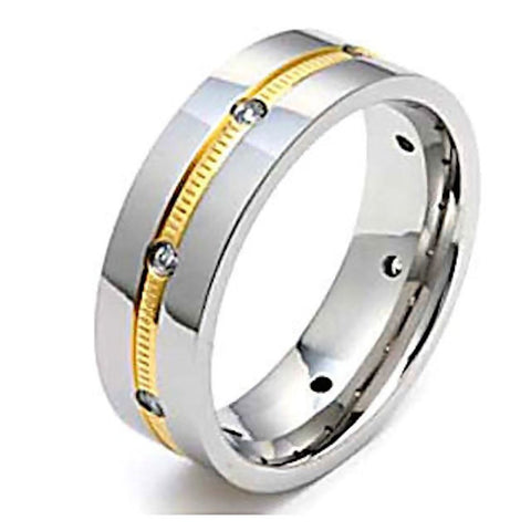 Paxton: Mens Titanium & Gold Milgrain Simulated Diamond Band Ring - 1000Jewels.com