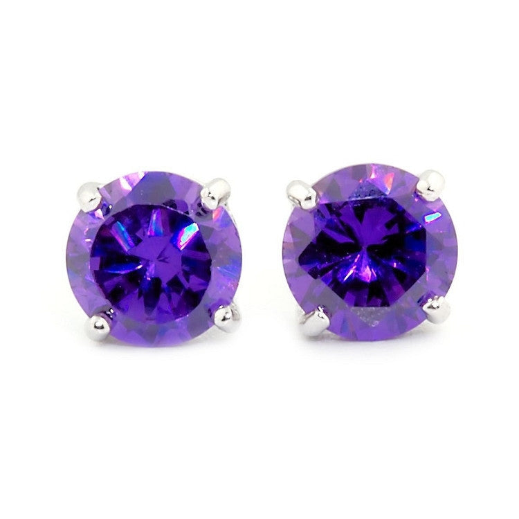 Purple Stone Round-Cut Halo Stud Earrings (Silver) – Popular J
