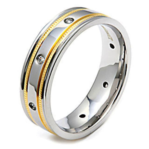 Fletcher: Mens Titanium & Gold Milgrain Simulated Diamond Band Ring - 1000Jewels.com