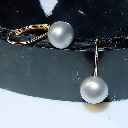 8mm Cultured Gray Pearl Cup Leverback Earrings 14K Yellow Gold - 1000Jewels.com