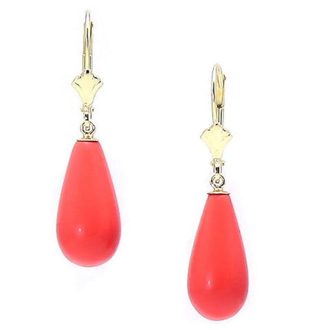 Natural Pink Salmon Coral Teardrop Leverback Earrings 14K Yellow Gold - 1000Jewels.com