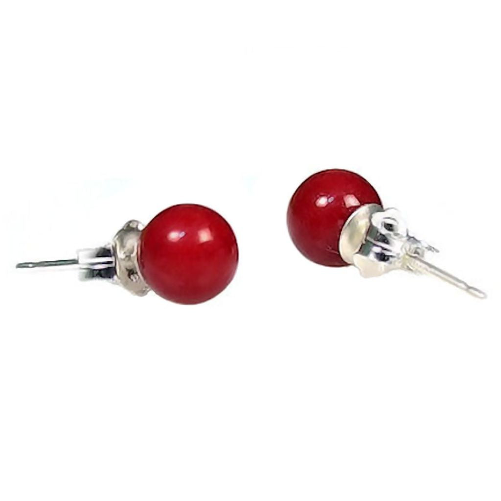 Natural Italian Red Coral Ball Stud Earrings 925 Sterling Silver - 1000Jewels.com