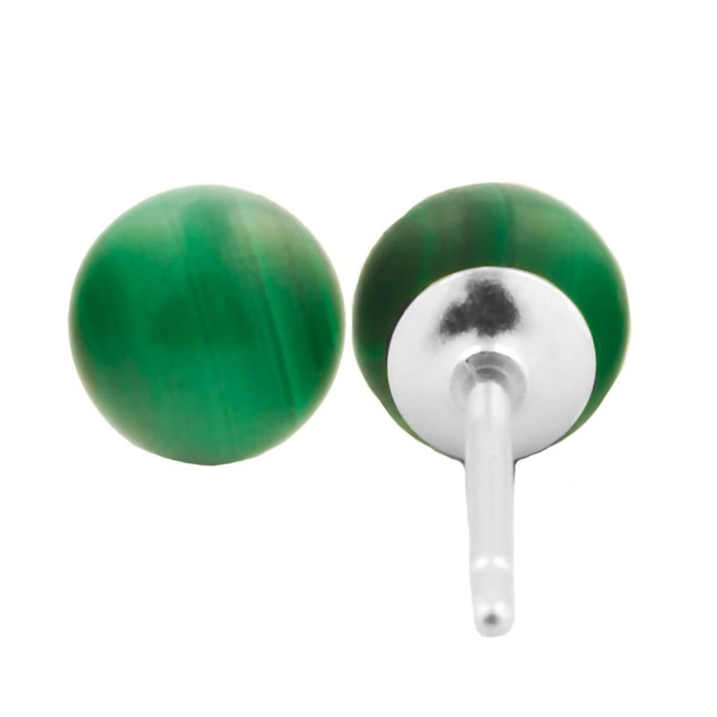 Natural Green Malachite Ball Stud Earrings 14K White Gold - 1000Jewels.com