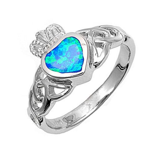 Caronwyn: 0.75ct Heart cut Blue Opal Celtic Knot Claddagh Ring Silver - 1000Jewels.com