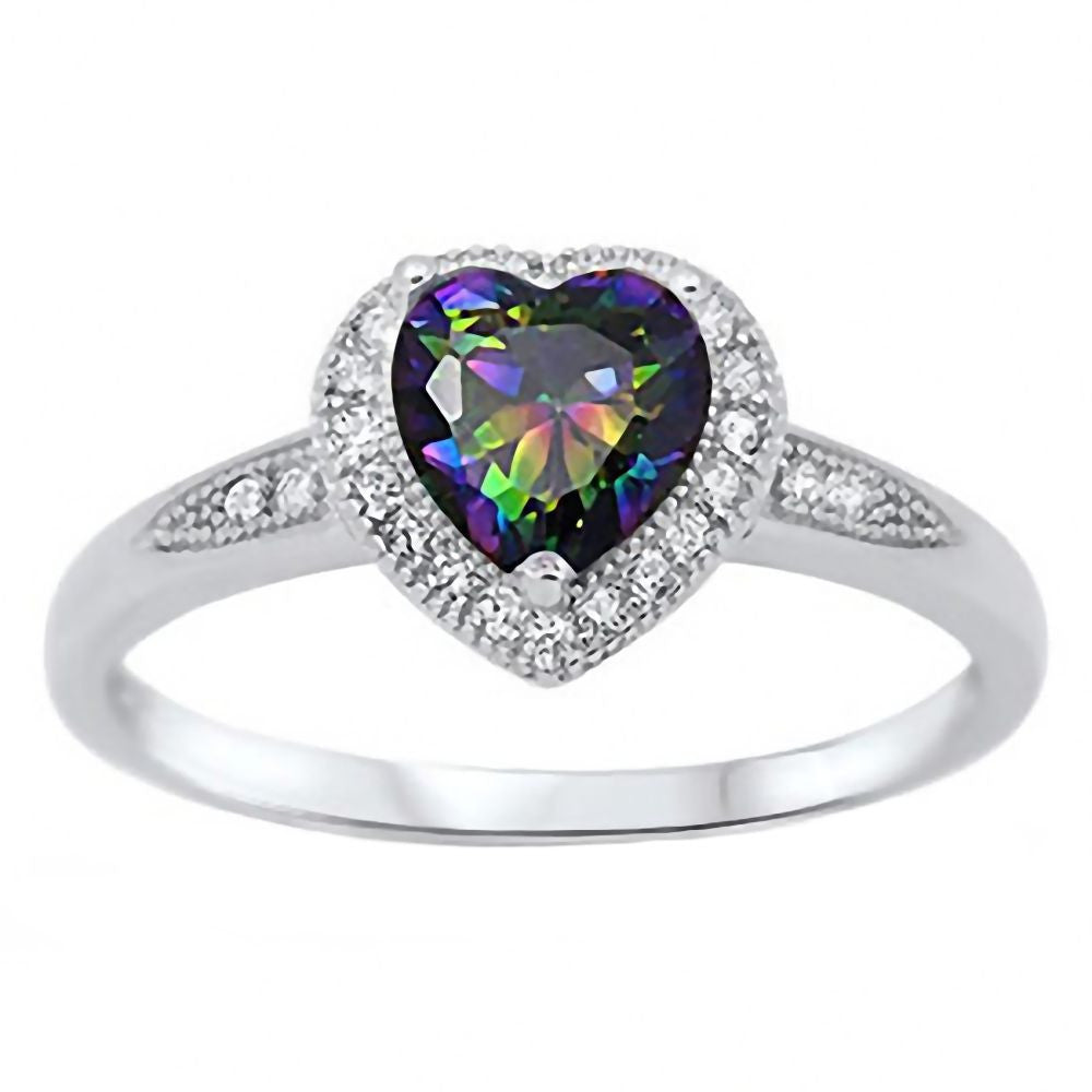 Kattia: 0.87ct Heart cut Mystic Rainbow Topaz with Round CZ Halo Promise Ring - 1000Jewels.com