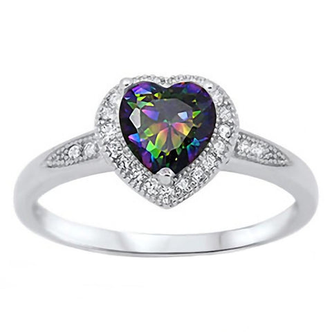 Kattia: 0.87ct Heart cut Mystic Rainbow Topaz with Round CZ Halo Promise Ring - 1000Jewels.com