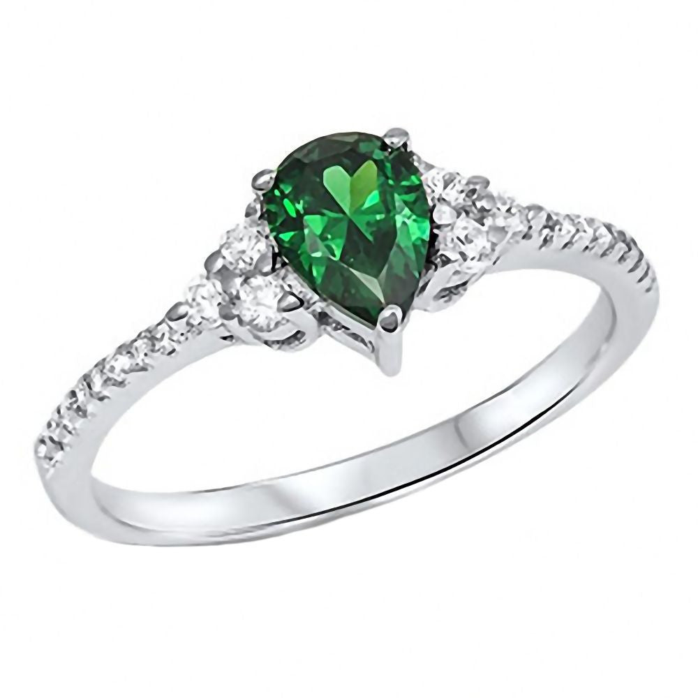 Emilia: 0.9ct Simulated Emerald with Round IOF CZ Accents Silver Promise Ring - 1000Jewels.com