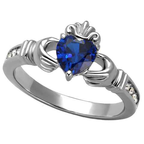 Aine: 0.87ct Simulated Blue Sapphire Gemstone Claddagh Promise Ring - 1000Jewels.com