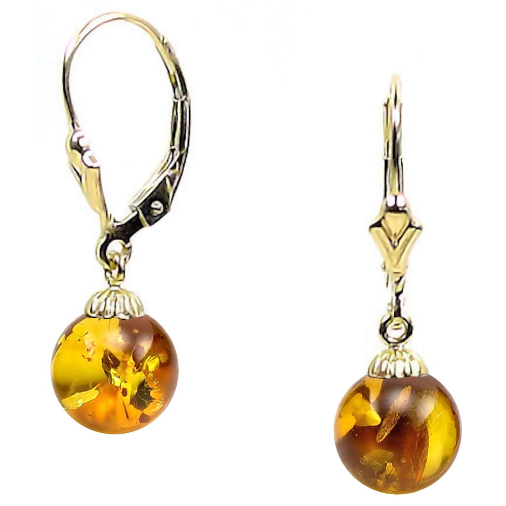 Anya: Natural Baltic Amber Ball Leverback Earrings 14-20 Gold Filled - 1000Jewels.com