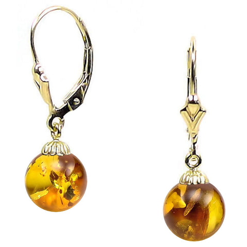 Anya: Natural Baltic Amber Ball Leverback Earrings 14K Yellow Gold - 1000Jewels.com