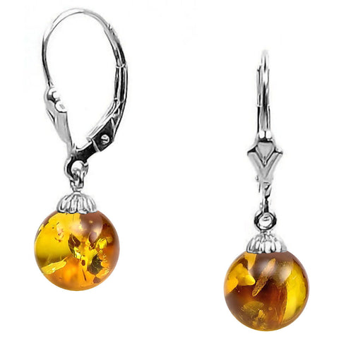 Anya: Natural Baltic Amber Ball Leverback Earrings 925 Sterling Silver - 1000Jewels.com