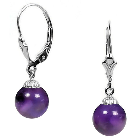 Natural Brazilian Amethyst Ball Leverback Earrings 14K White Gold - 1000Jewels.com