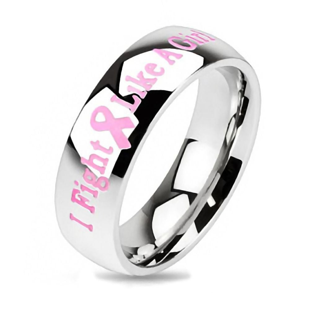 Fight Like A Girl Stainless Steel Pink Breast Cancer Awareness Ring - 1000Jewels.com