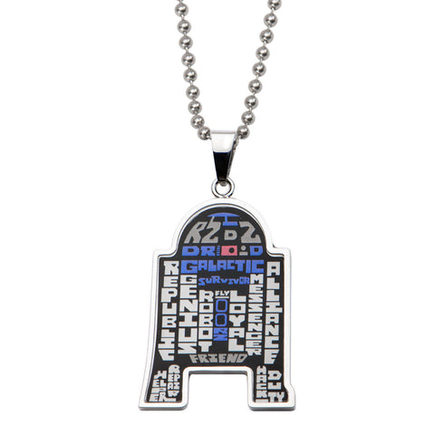 Star Wars: 22" R2D2 Enamel Typography Art Pendant Necklace 316 Stainless Steel - 1000Jewels.com