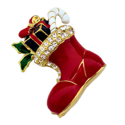 Gift Filled Santa's Boot Crystal Rhinestone Brooch Pin - 1000Jewels.com
