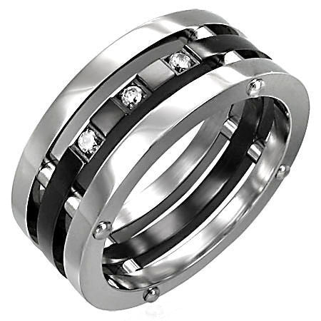 Maverick: Mens Russian Ice CZ Riveted 3 in 1 Stainless Steel Band Ring - 1000Jewels.com