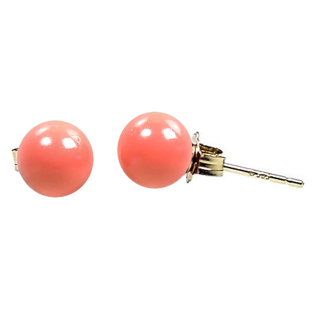Natural Pink Salmon Coral Ball Stud Earrings 14K Yellow Gold - 1000Jewels.com