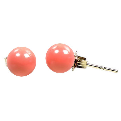 Natural Pink Salmon Coral Ball Stud Earrings 14K Yellow Gold - 1000Jewels.com