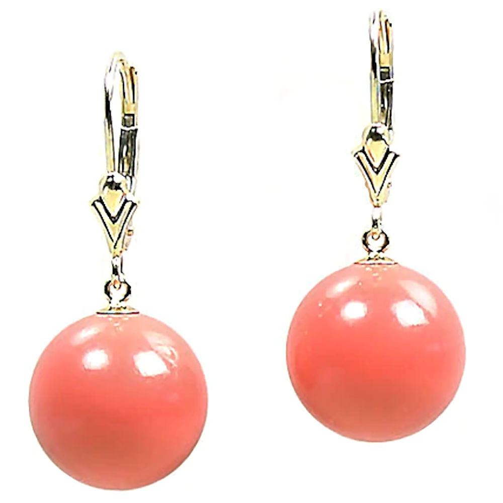 Natural Pink Salmon Coral Ball Drop Leverback Earrings 14K Yellow Gold - 1000Jewels.com