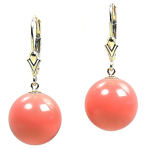 Natural Pink Salmon Coral Ball Drop Leverback Earrings 14K Yellow Gold - 1000Jewels.com