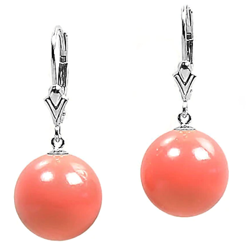 Natural Pink Salmon Coral Ball Drop Leverback Earrings 14K White Gold - 1000Jewels.com