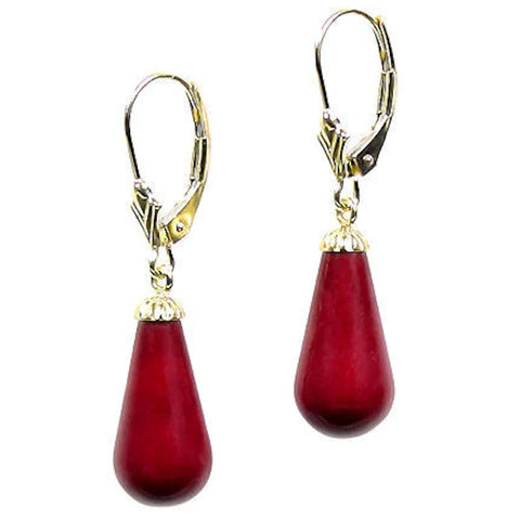 Natural Italian Red Coral Teardrop Leverback Earrings 14K Yellow Gold - 1000Jewels.com